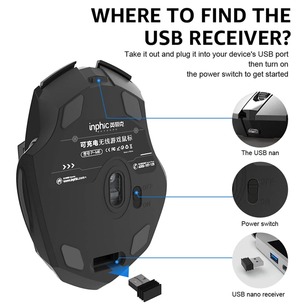 Inphic Rechargeable Wireless Mouse Ergonomic Bluetooth 5.0 2.4G Mice Office Mute Mouse For MacBook Tablet Laptops Computer PC