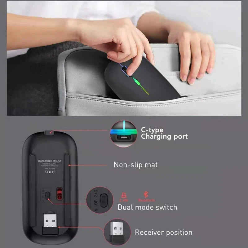Silent Bluetooth Mouse LED Optical 2.4G USB Wireless Mouse Rechargeable Portable High Precision Gamer Mice For PC Computer Ipad