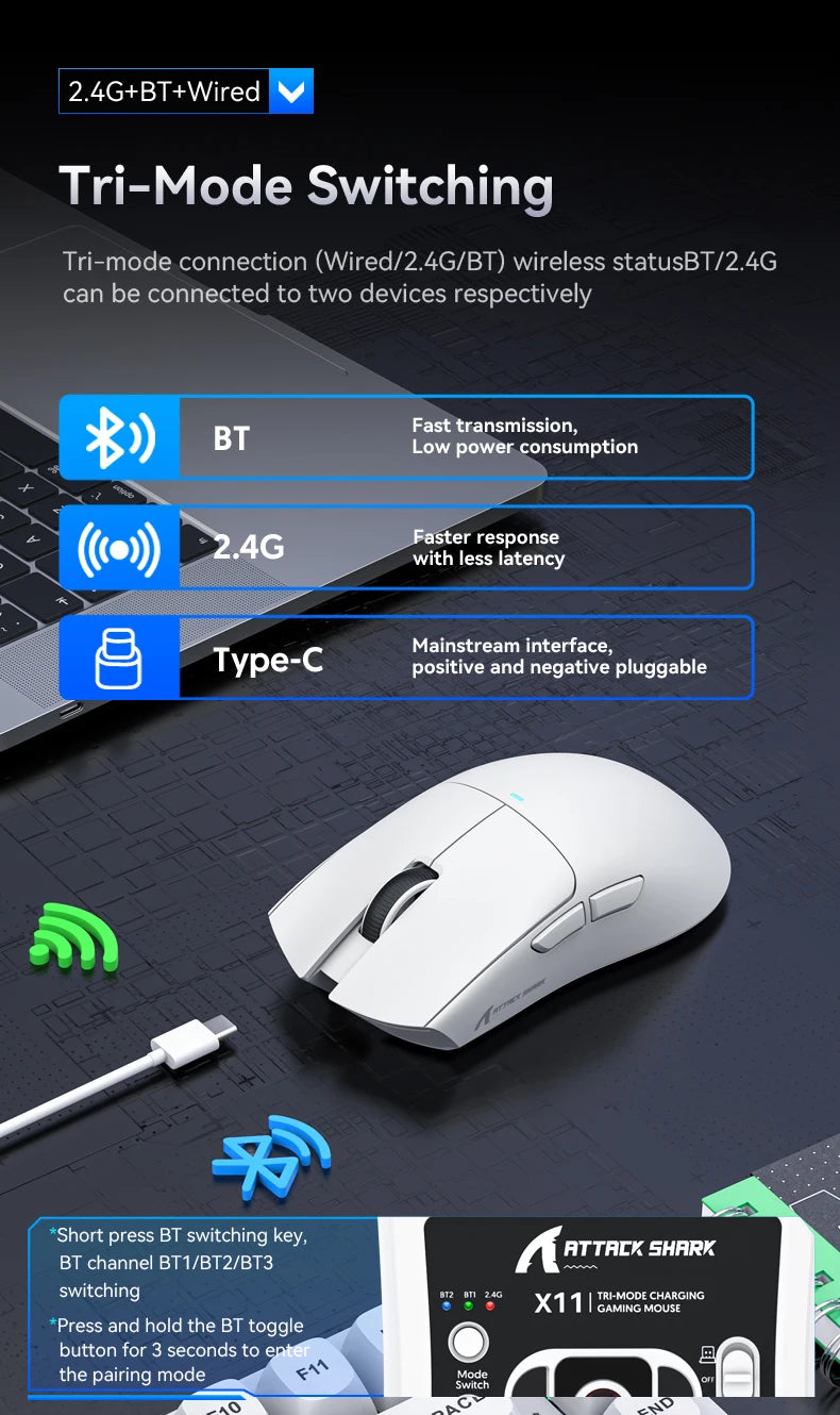 Attack Shark X11 Bluetooth Wireless Mouse Three Mode 2.4G PAW3311  RGB  PC Magnetic charging dock ,Gaming E-sports Mouse