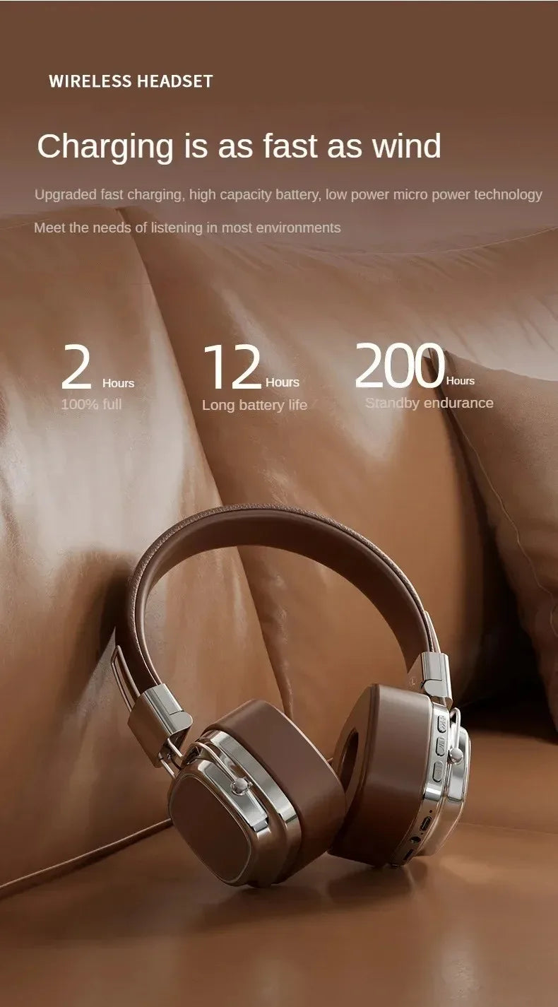 Retro Leather Over-ear Headphones Wireless Bluetooth 5.3 Foldable Noise Cancelling Stereo Music Headset With Cable For Phone PC