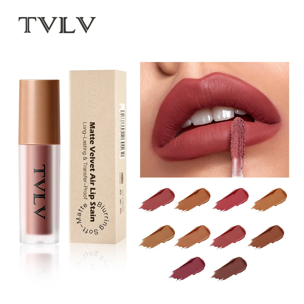 10Pcs Set TVLV  Velvet Air Lip Gloss - Matte Waterproof & Non-Stick Cup Long Lasting Lip Stain, Smudge-Proof Lipstick Set