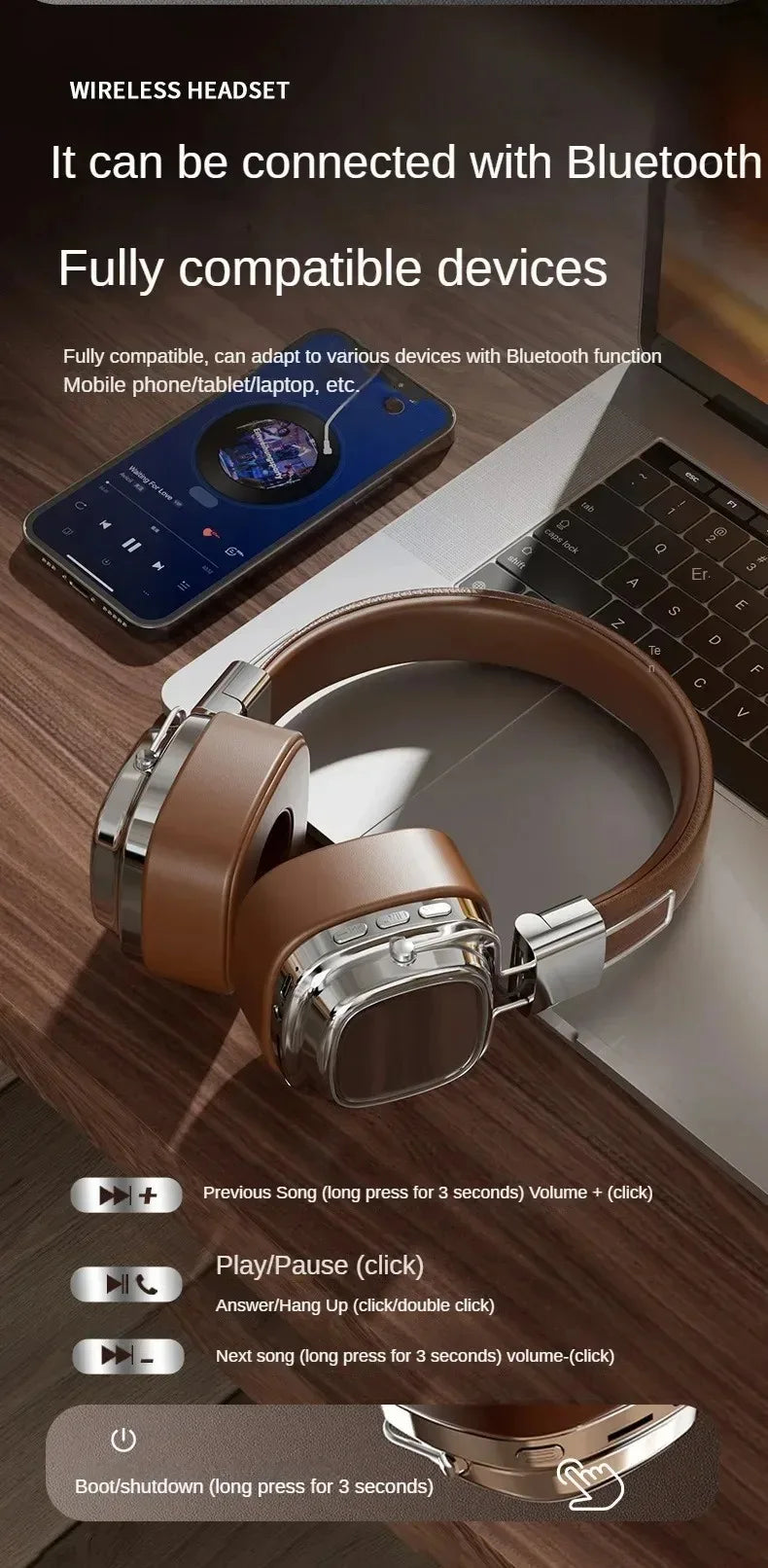 Retro Leather Over-ear Headphones Wireless Bluetooth 5.3 Foldable Noise Cancelling Stereo Music Headset With Cable For Phone PC