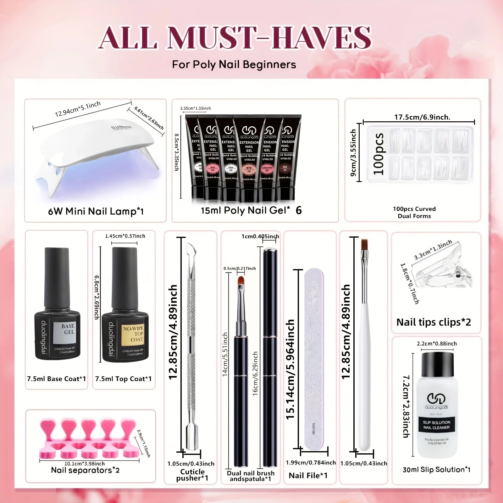Poly Gel Extension Tool Set, Including 30ml of Cleaner fluid, 7.5ml Base Coat and Top Coat， Nail Mold, Nail Clip And Nail Brush
