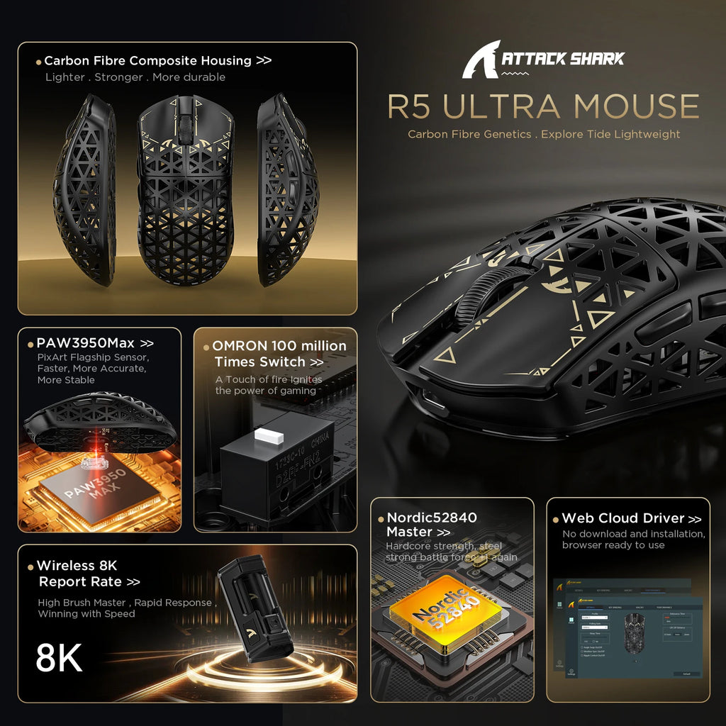 ATTACK SHARK R5 ULTRA Wireless Gaming Mouse - 8K Polling,PAW3950MAX Sensor,42,000 DPI,Carbon Fiber Ultra-Light for Pro Esport