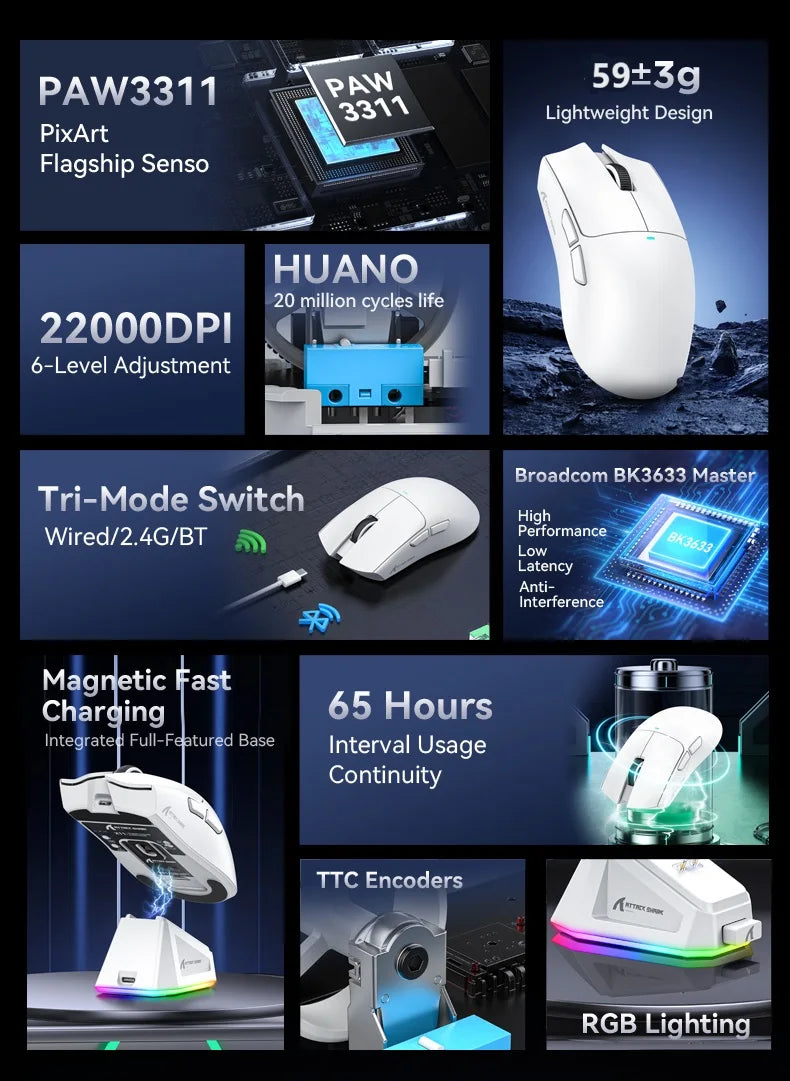 Attack Shark X11 Bluetooth Wireless Mouse Three Mode 2.4G PAW3311  RGB  PC Magnetic charging dock ,Gaming E-sports Mouse