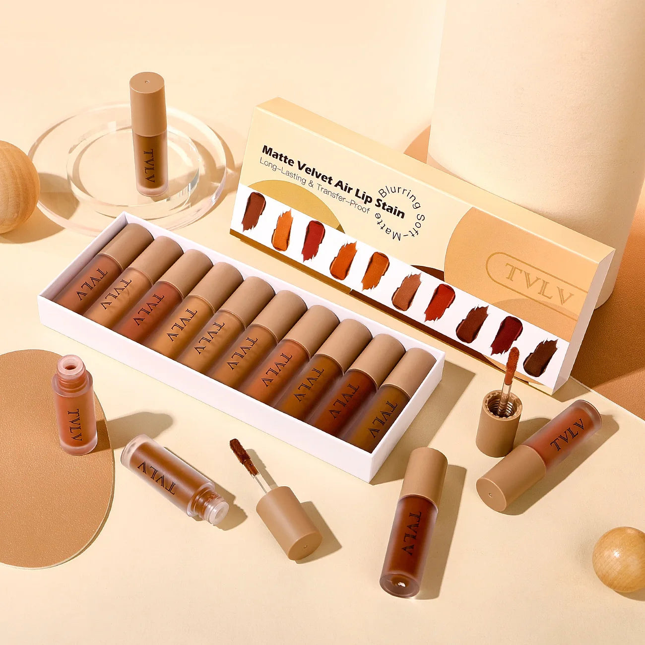 10Pcs Set TVLV  Velvet Air Lip Gloss - Matte Waterproof & Non-Stick Cup Long Lasting Lip Stain, Smudge-Proof Lipstick Set