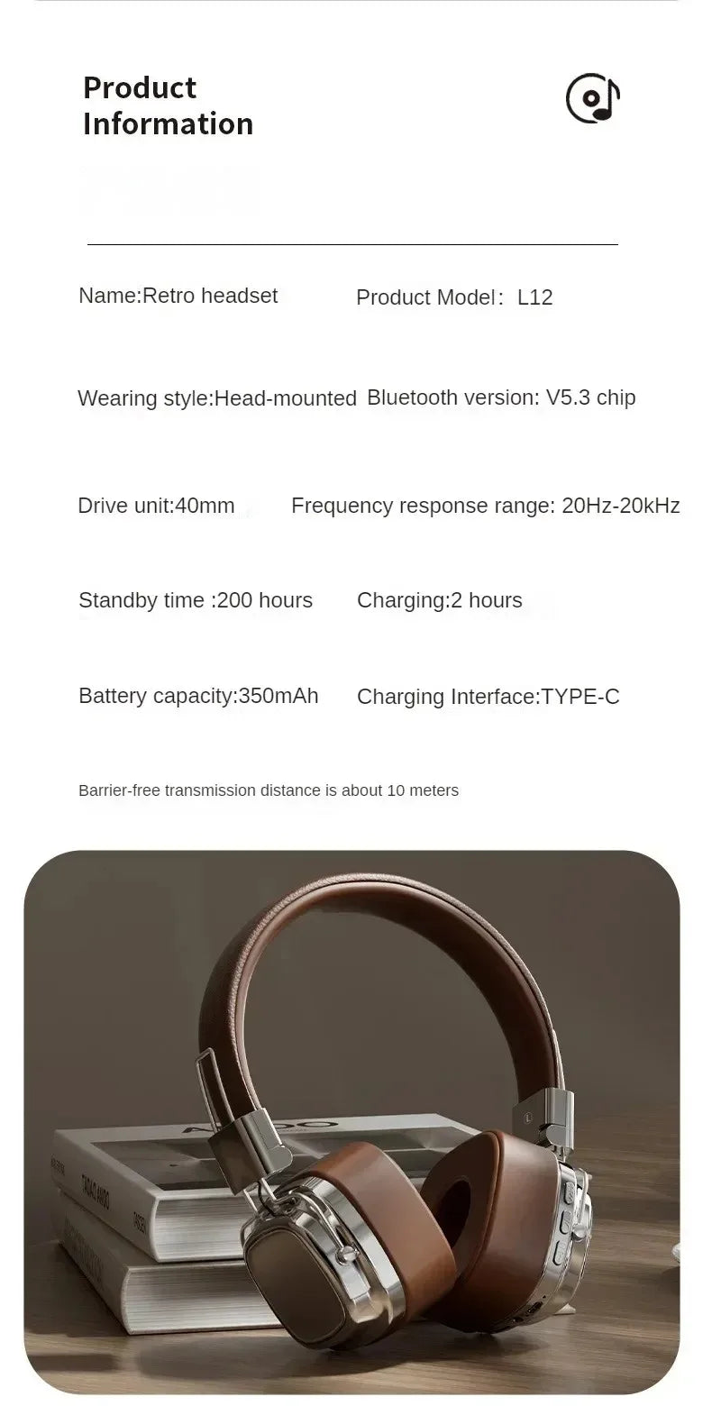 Retro Leather Over-ear Headphones Wireless Bluetooth 5.3 Foldable Noise Cancelling Stereo Music Headset With Cable For Phone PC