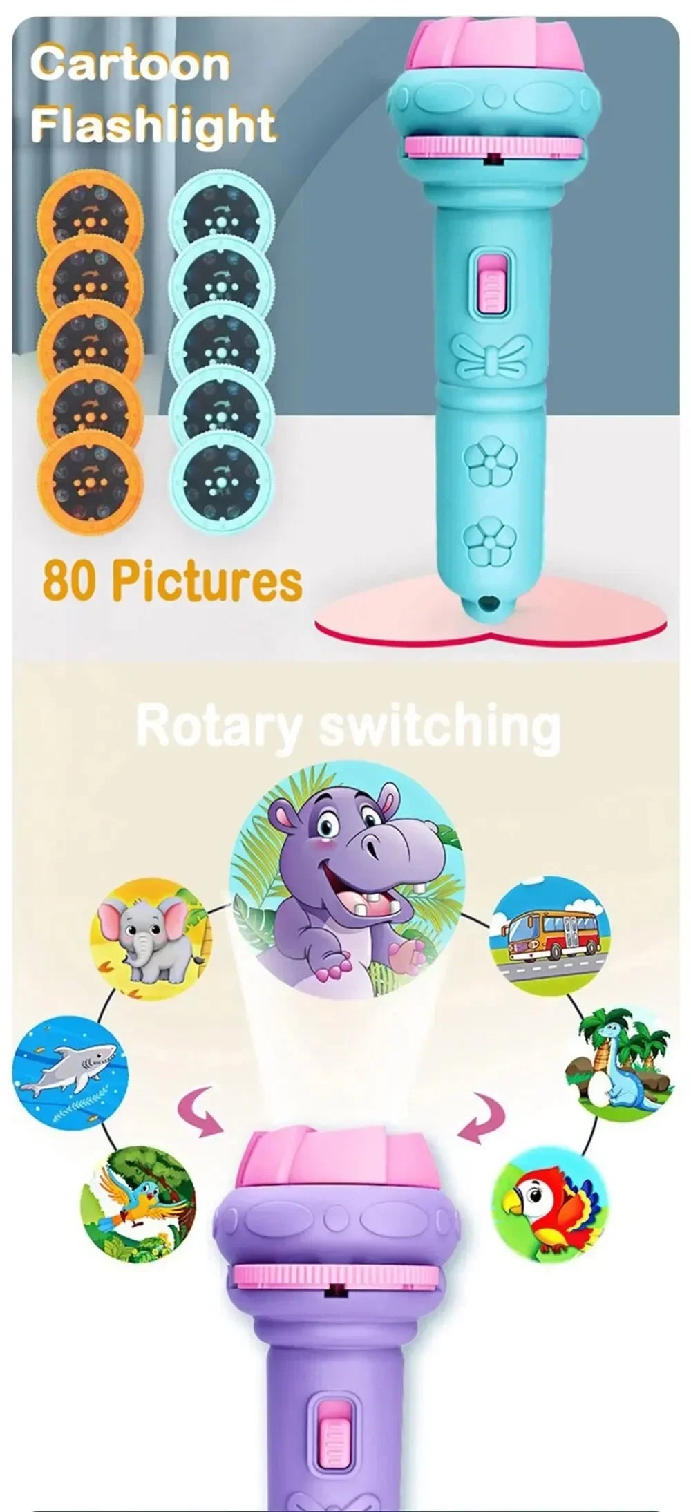 Kids Projector Torch with 10 Slides 80 Patterns Early Learning Toy Night Light Story Machine Gift for Toddler Boys Girls