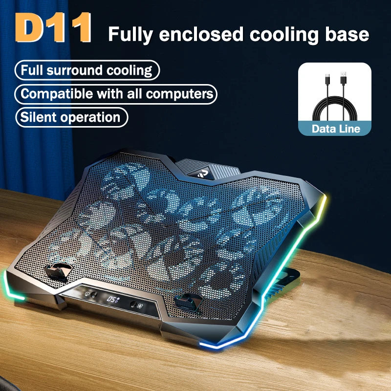 D11 Mute Gaming Laptop Cooler Base with RGB Foldable Adjustable Heat Dissipation Stand Support 12-18'' Notebook Cooling Bracket