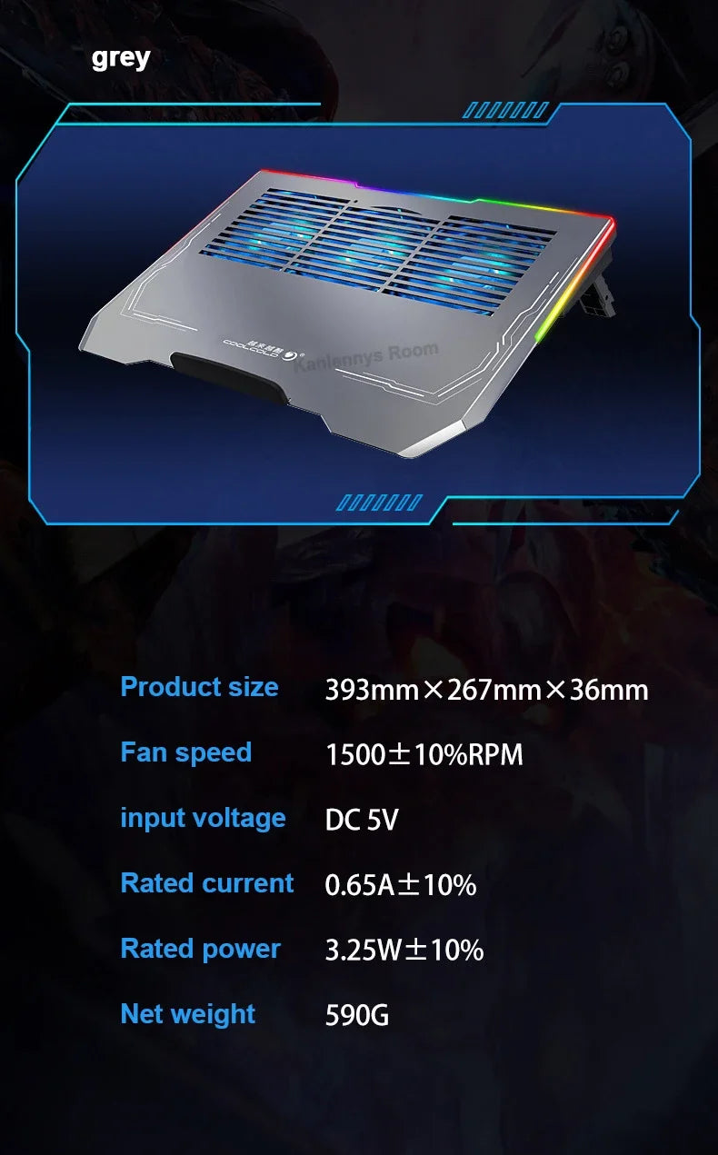 Ice Demon Notebook Air-cooled Cooling Pad with RGB Colorful Light 3 Fans Cooling Radiator Bracket Suit for 12.1-17.3 Inch Laptop