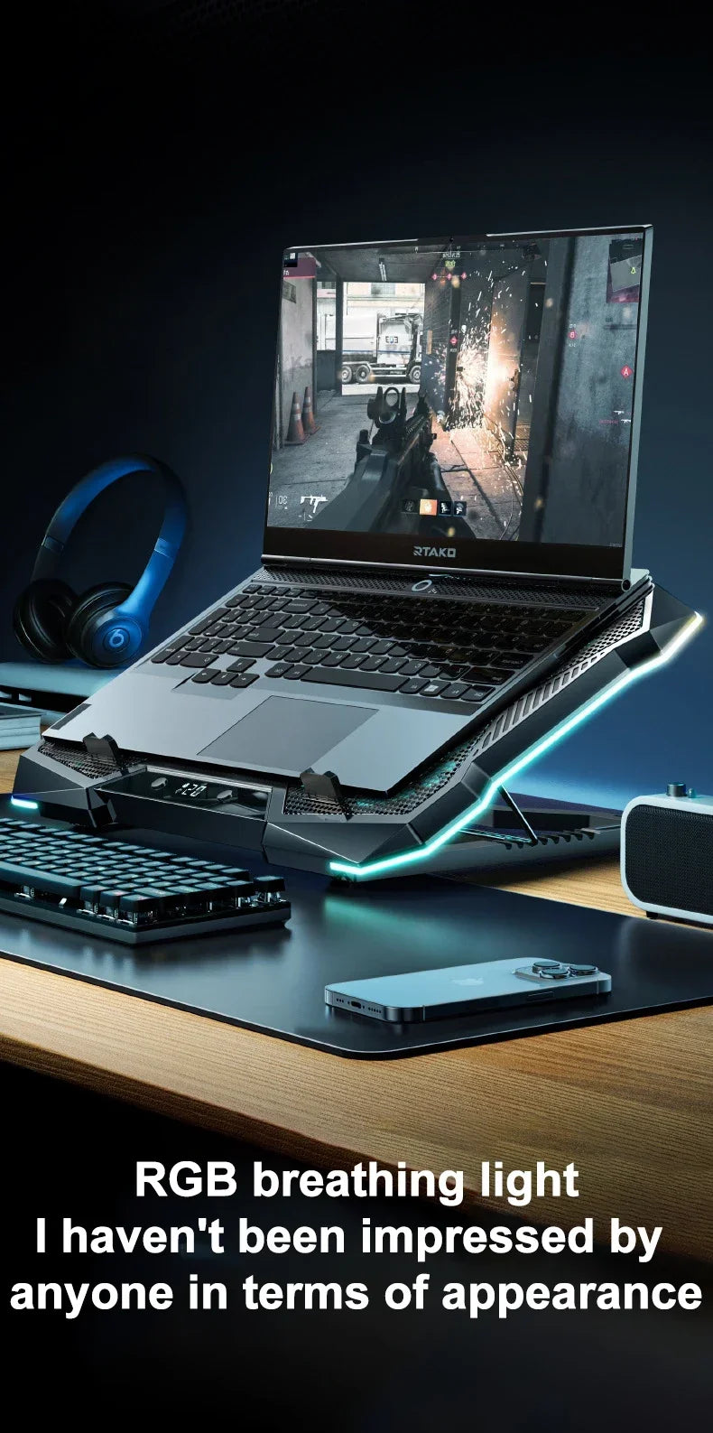 D11 Mute Gaming Laptop Cooler Base with RGB Foldable Adjustable Heat Dissipation Stand Support 12-18'' Notebook Cooling Bracket