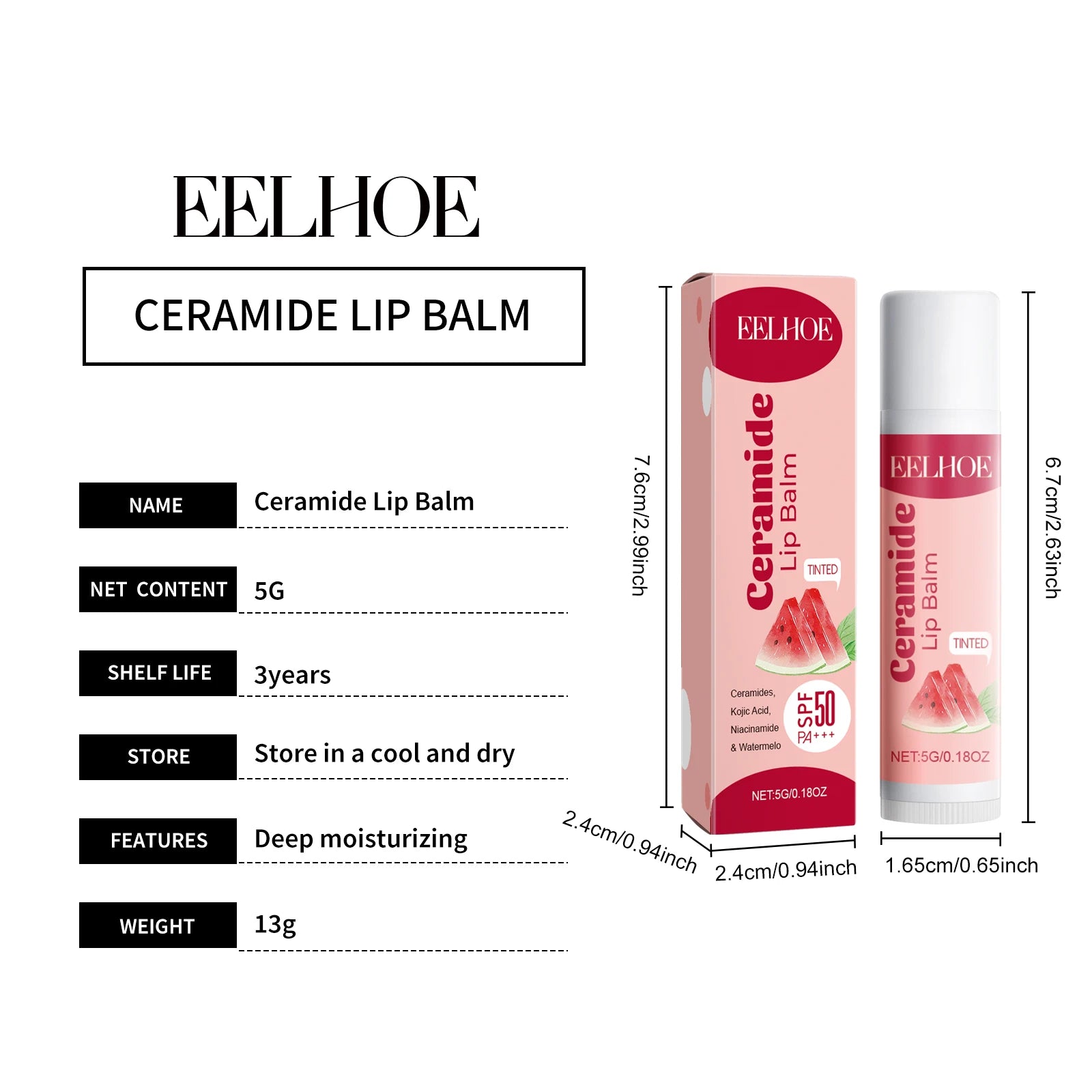 EELHOE Ceramide Lip Balm Stick for Dry Chapped Lips Hydrating Plumping Effect Moisturizing Soothing Nourishing Lip Care Glossy