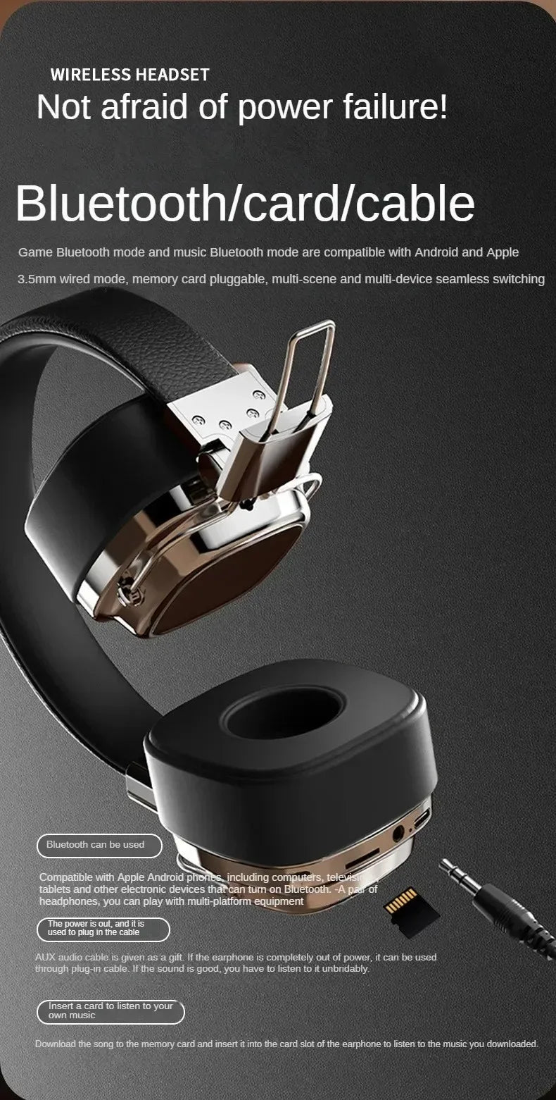 Retro Leather Over-ear Headphones Wireless Bluetooth 5.3 Foldable Noise Cancelling Stereo Music Headset With Cable For Phone PC