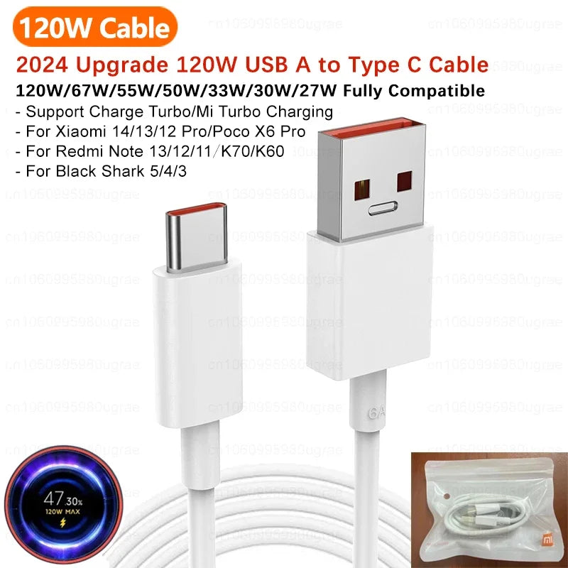 Original Xiaomi 120W USB Type C Cable Tipo 6A 67W Turbo Fast Charging For Mi 17 Pro Max 15 14 Ultra 13 Pro Redmi Note 15 Poco X6