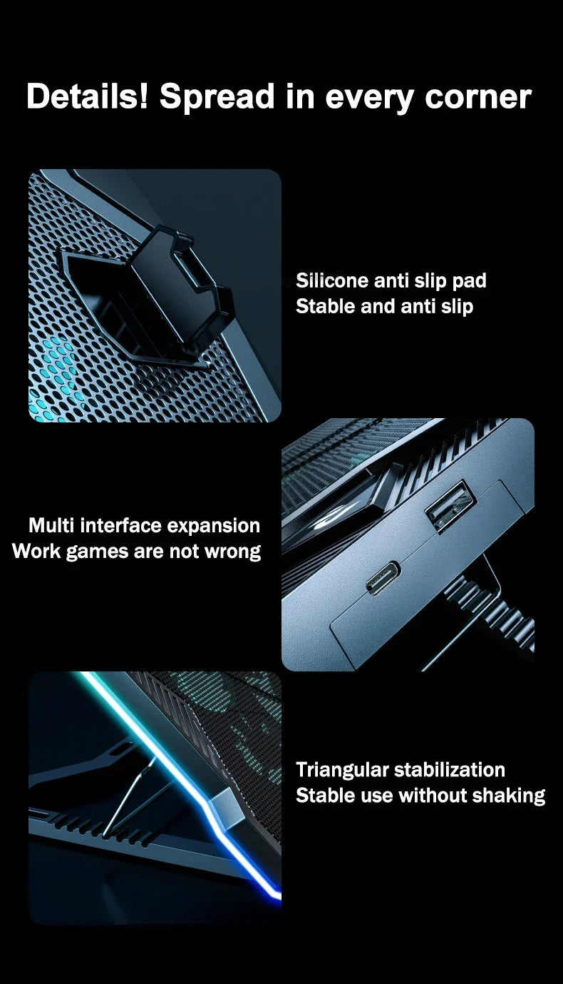 D11 Mute Gaming Laptop Cooler Base with RGB Foldable Adjustable Heat Dissipation Stand Support 12-18'' Notebook Cooling Bracket