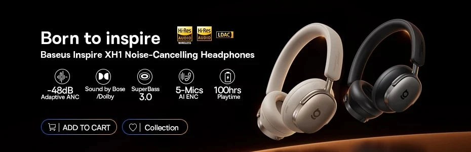 Baseus Bass EH10 NC Wireless Headphones Bluetooth 6.0 Noise Canceling 45dB Over Ear HeadsetSpatial Audio Earphone 80H Time