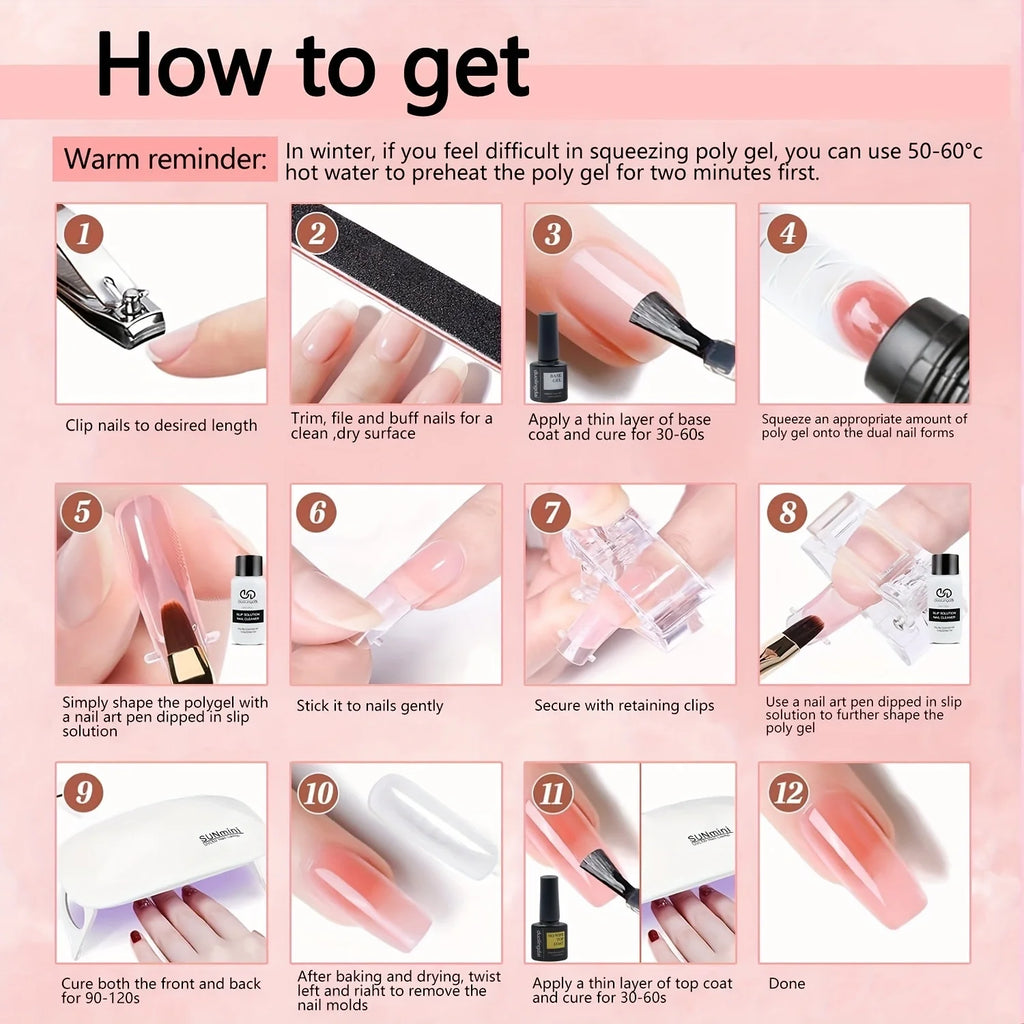 Poly Gel Extension Tool Set, Including 30ml of Cleaner fluid, 7.5ml Base Coat and Top Coat， Nail Mold, Nail Clip And Nail Brush