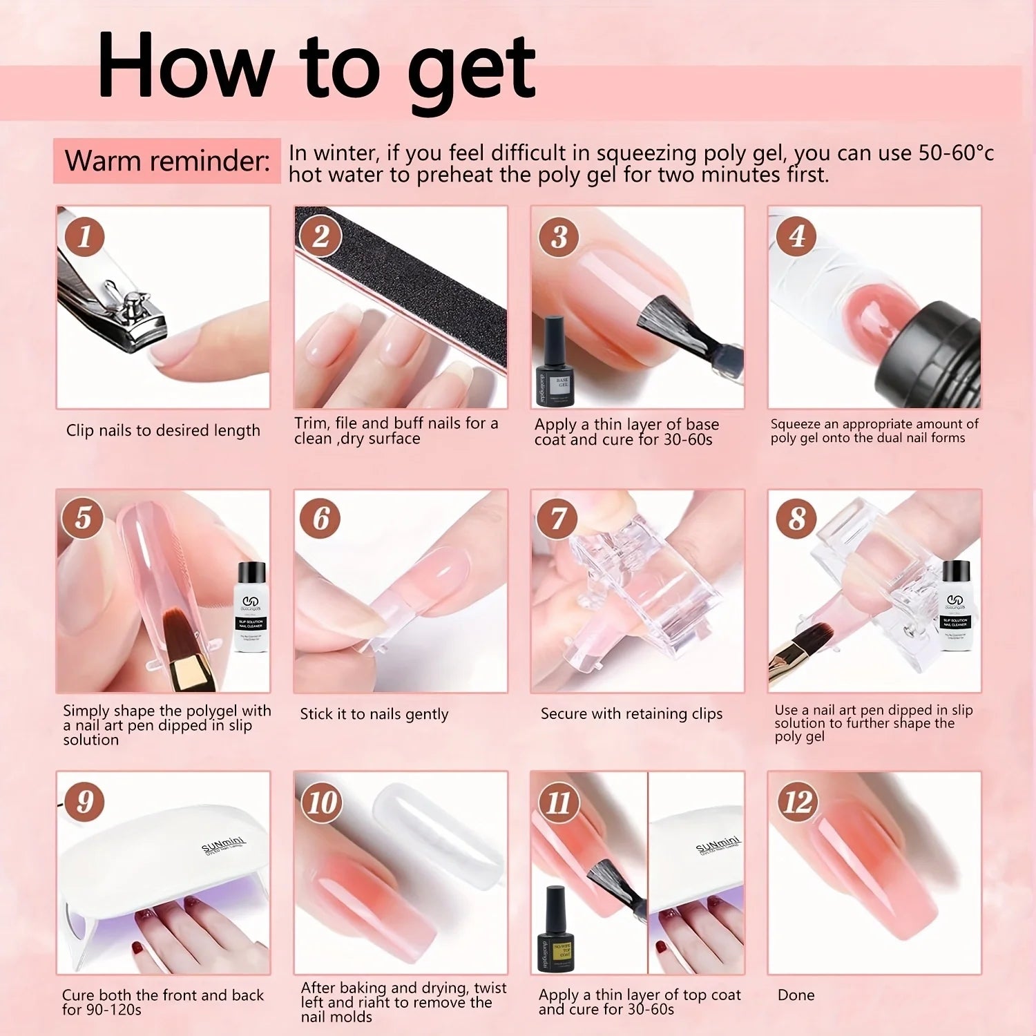 Poly Gel Extension Tool Set, Including 30ml of Cleaner fluid, 7.5ml Base Coat and Top Coat， Nail Mold, Nail Clip And Nail Brush