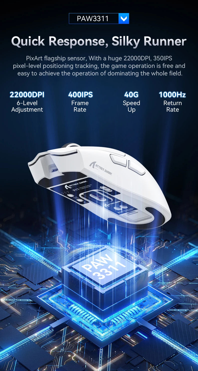 Attack Shark X11&R1 Wireless Gaming Mouse - Tri-Mode , PAW3311 Sensor,22K DPI, 400 IPS, RGB PC Gaming Mouse