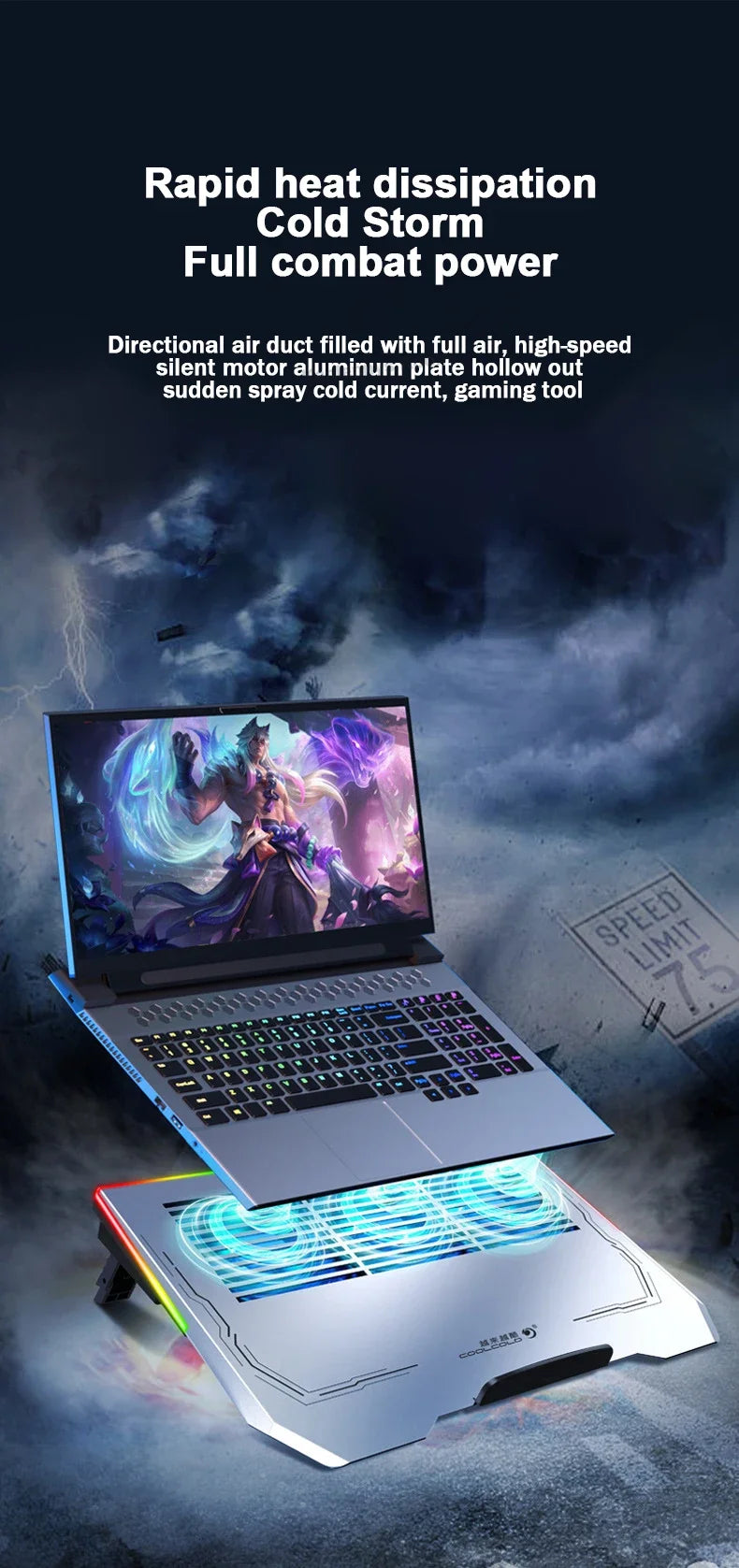 Ice Demon Notebook Air-cooled Cooling Pad with RGB Colorful Light 3 Fans Cooling Radiator Bracket Suit for 12.1-17.3 Inch Laptop