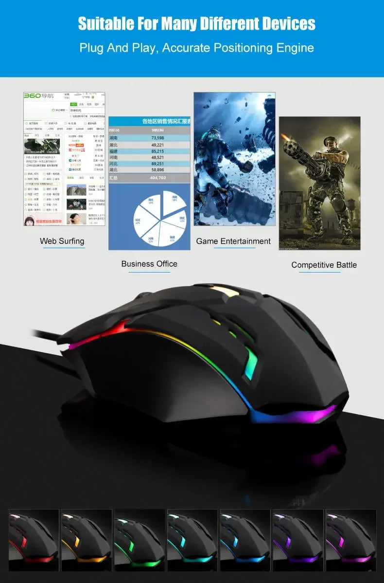 Ergonomic 4-key USB RGB backlit mouse non-slip grip precision tracking, sturdy wired structure for desktop and laptop computers