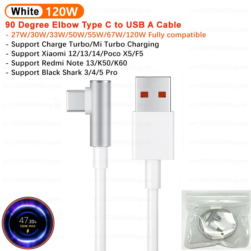 Original 120W For Xiaomi 6A USB Type C Turbo Charge Cable For Mi 14 13 12 Pro Poco F4 GT Redmi Note 13 K60 90 Degree Tipo C Cabo