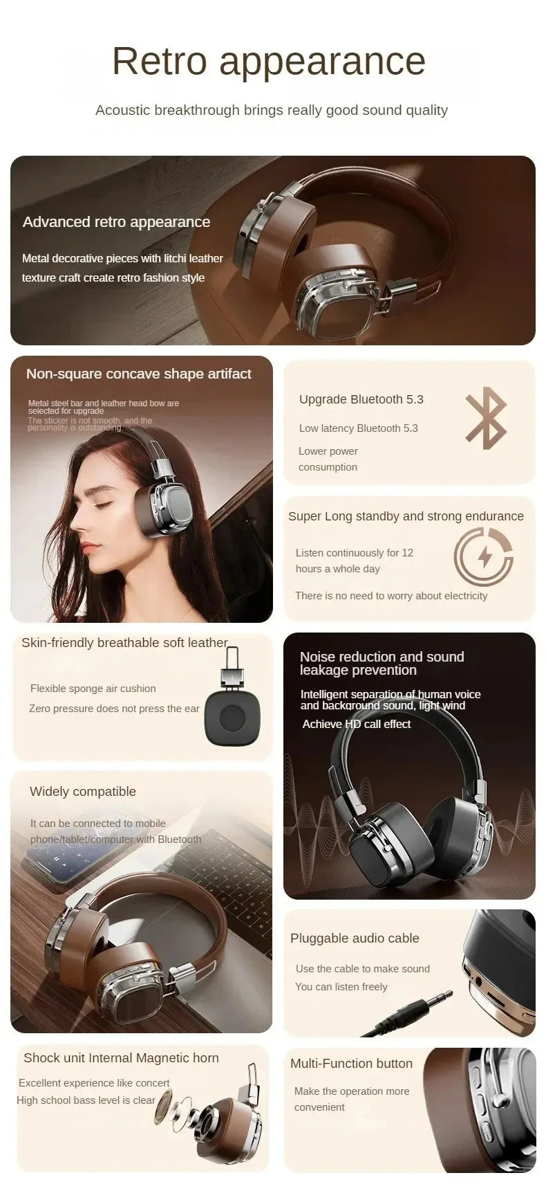 Retro Leather Over-ear Headphones Wireless Bluetooth 5.3 Foldable Noise Cancelling Stereo Music Headset With Cable For Phone PC