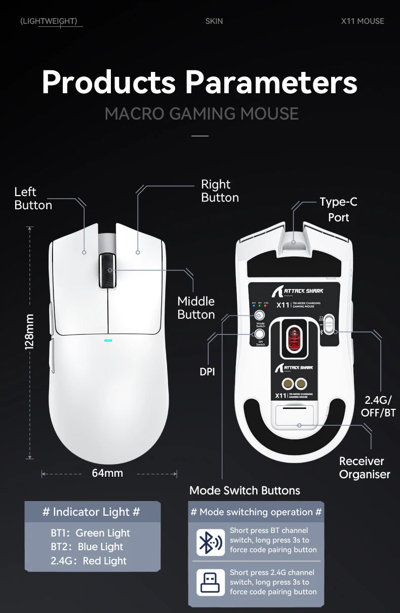 Attack Shark X11 Bluetooth Wireless Mouse Three Mode 2.4G PAW3311  RGB  PC Magnetic charging dock ,Gaming E-sports Mouse