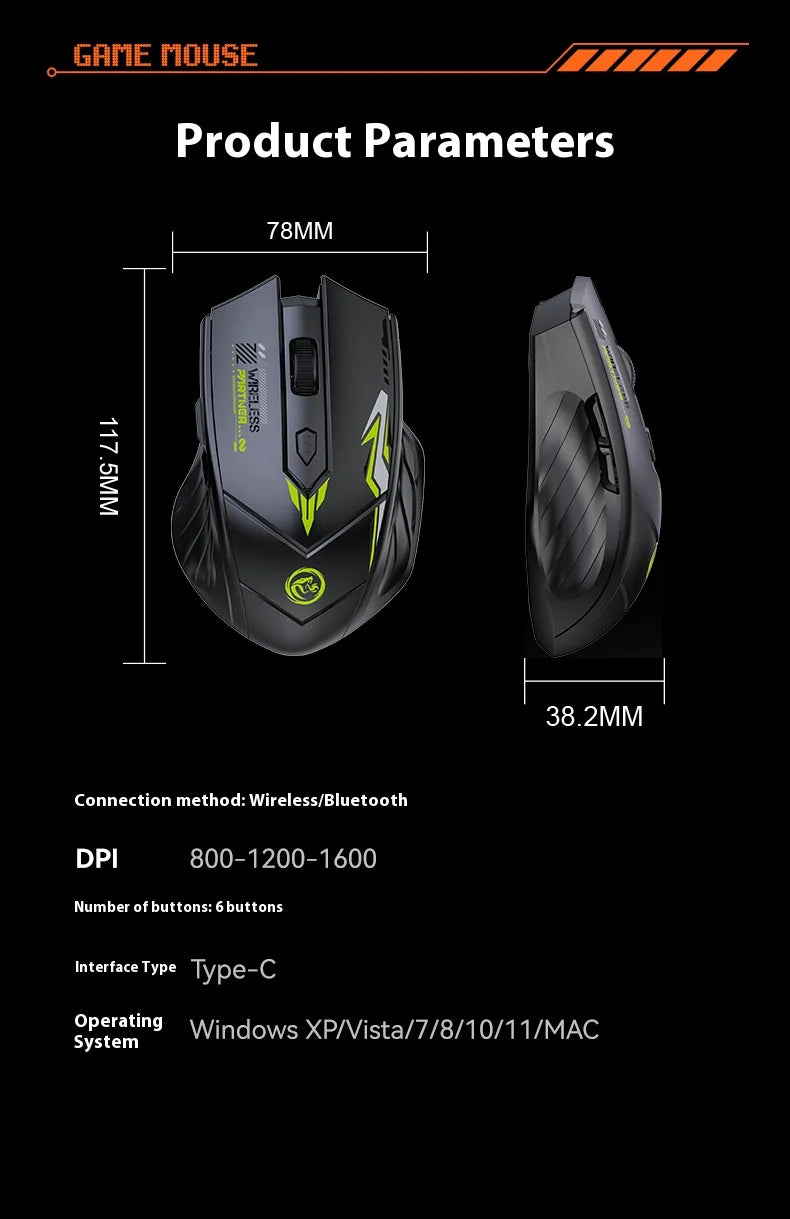 2.4G Wireless Mouse Dual-Mode Bluetooth Mouse 6Buttons Silent Gaming Mice Rechargeable E-Sports Mouse 1600DPI Office Mice For PC