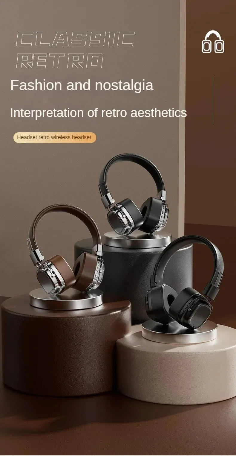 Retro Leather Over-ear Headphones Wireless Bluetooth 5.3 Foldable Noise Cancelling Stereo Music Headset With Cable For Phone PC