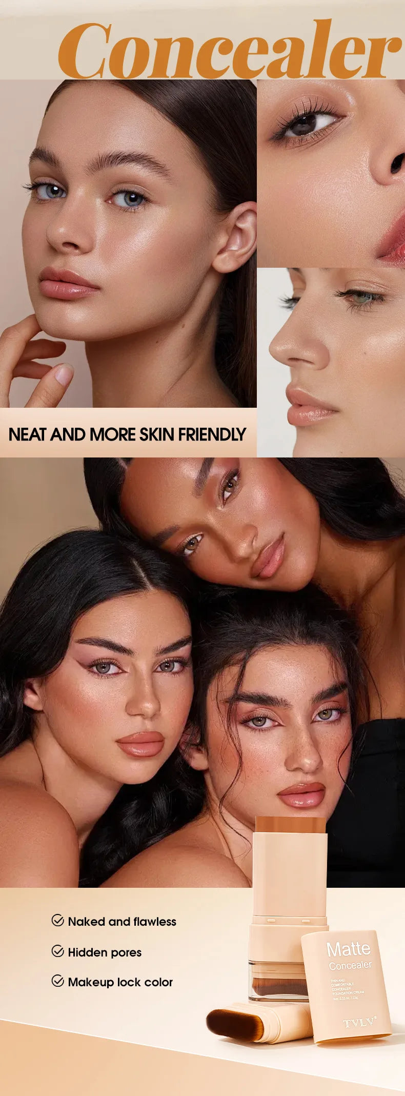 TVLV Multifunctional Concealer Foundation Stick, Long Lasting Waterproof Face Makeup, Rotating Dual Head with Blending Brush