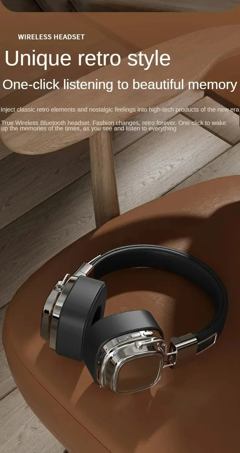 Retro Leather Over-ear Headphones Wireless Bluetooth 5.3 Foldable Noise Cancelling Stereo Music Headset With Cable For Phone PC