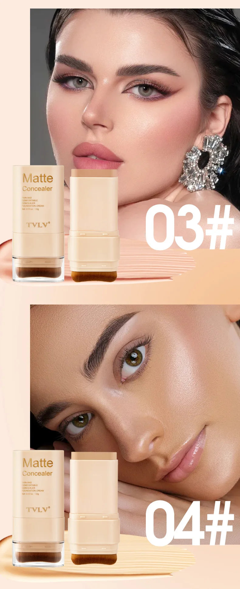 TVLV Multifunctional Concealer Foundation Stick, Long Lasting Waterproof Face Makeup, Rotating Dual Head with Blending Brush