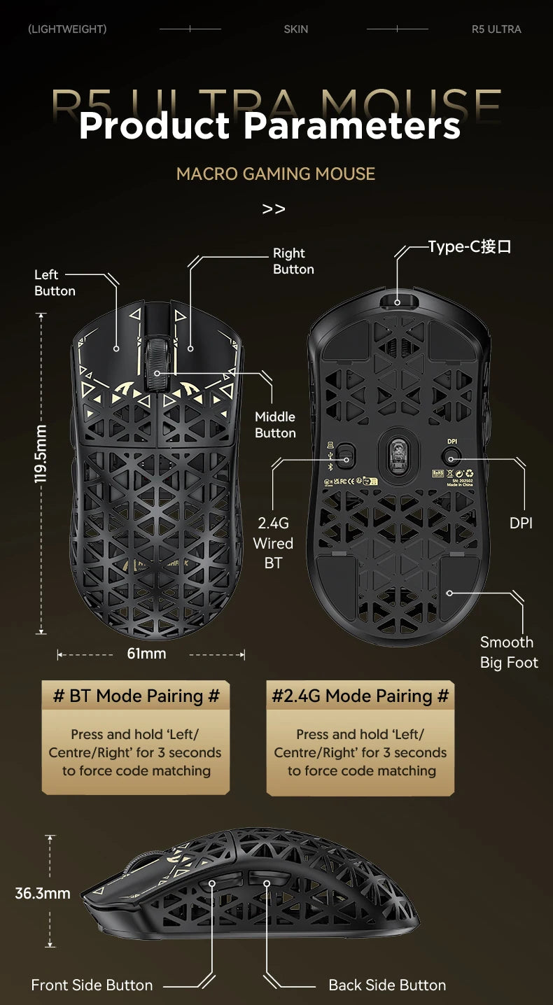 ATTACK SHARK R5 ULTRA Wireless Gaming Mouse - 8K Polling,PAW3950MAX Sensor,42,000 DPI,Carbon Fiber Ultra-Light for Pro Esport