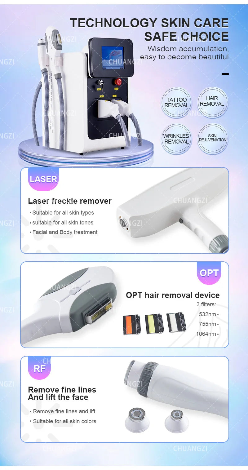IPL OPT 3 In 1 Permanent Hair Removal E-light Epilator Nd Yag Laser Tattoo Removal RF Wrinkle Removal Whitening Facial Lift CE