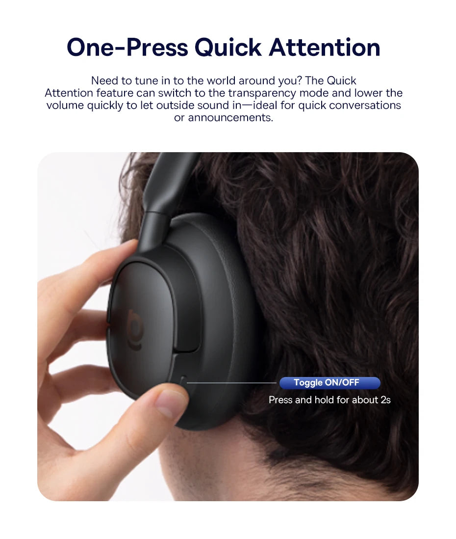 Baseus Bass EH10 NC Wireless Headphones Bluetooth 6.0 Noise Canceling 45dB Over Ear HeadsetSpatial Audio Earphone 80H Time