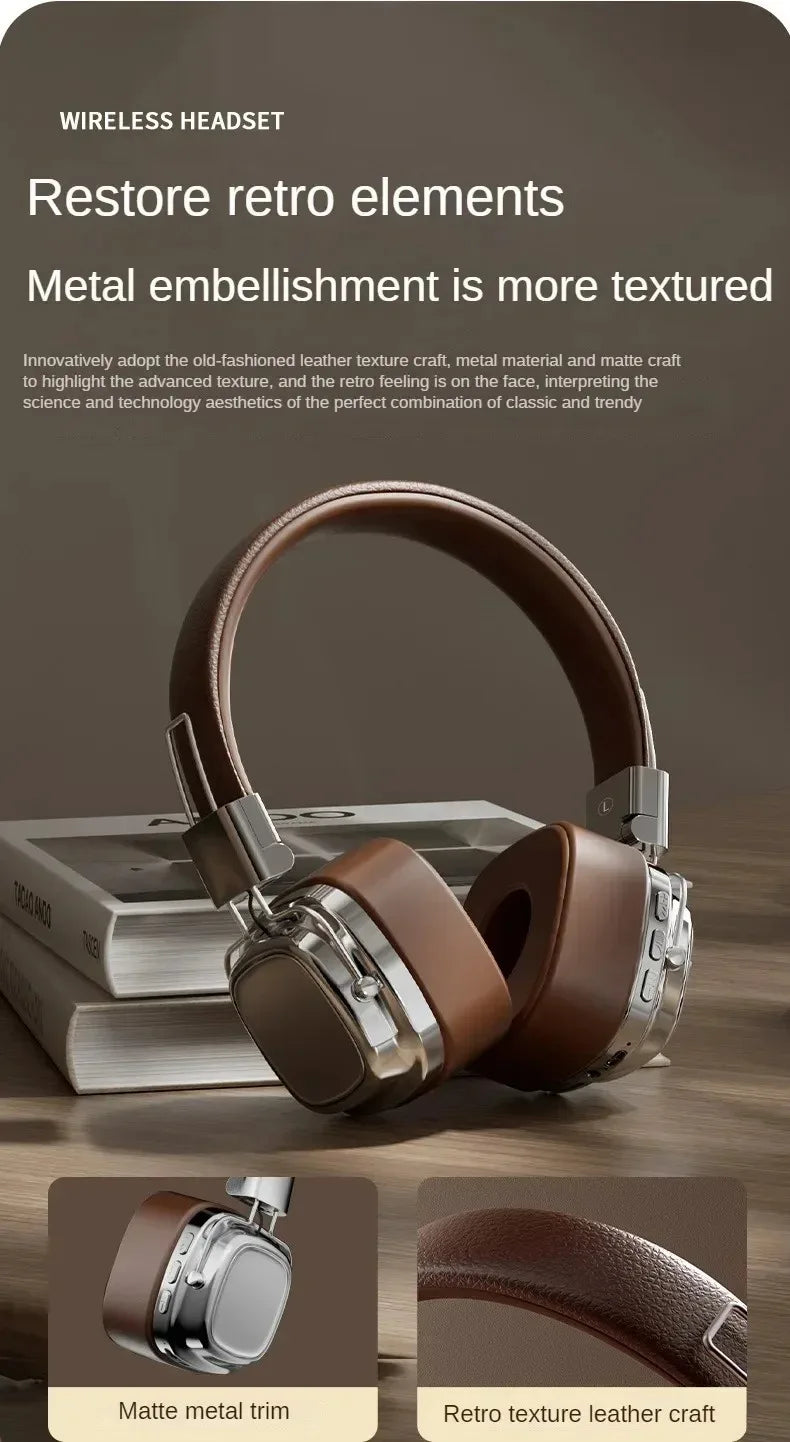 Retro Leather Over-ear Headphones Wireless Bluetooth 5.3 Foldable Noise Cancelling Stereo Music Headset With Cable For Phone PC