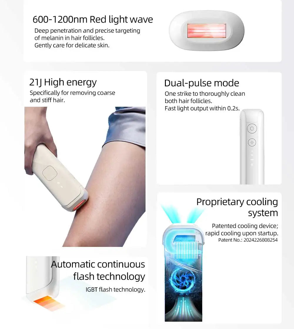 21J High Energy Sapphire Ice Cooling IPL Hair Removal Device 600-1200nm Dual Pulse Auto Flash for Full Body Permanent Reduction