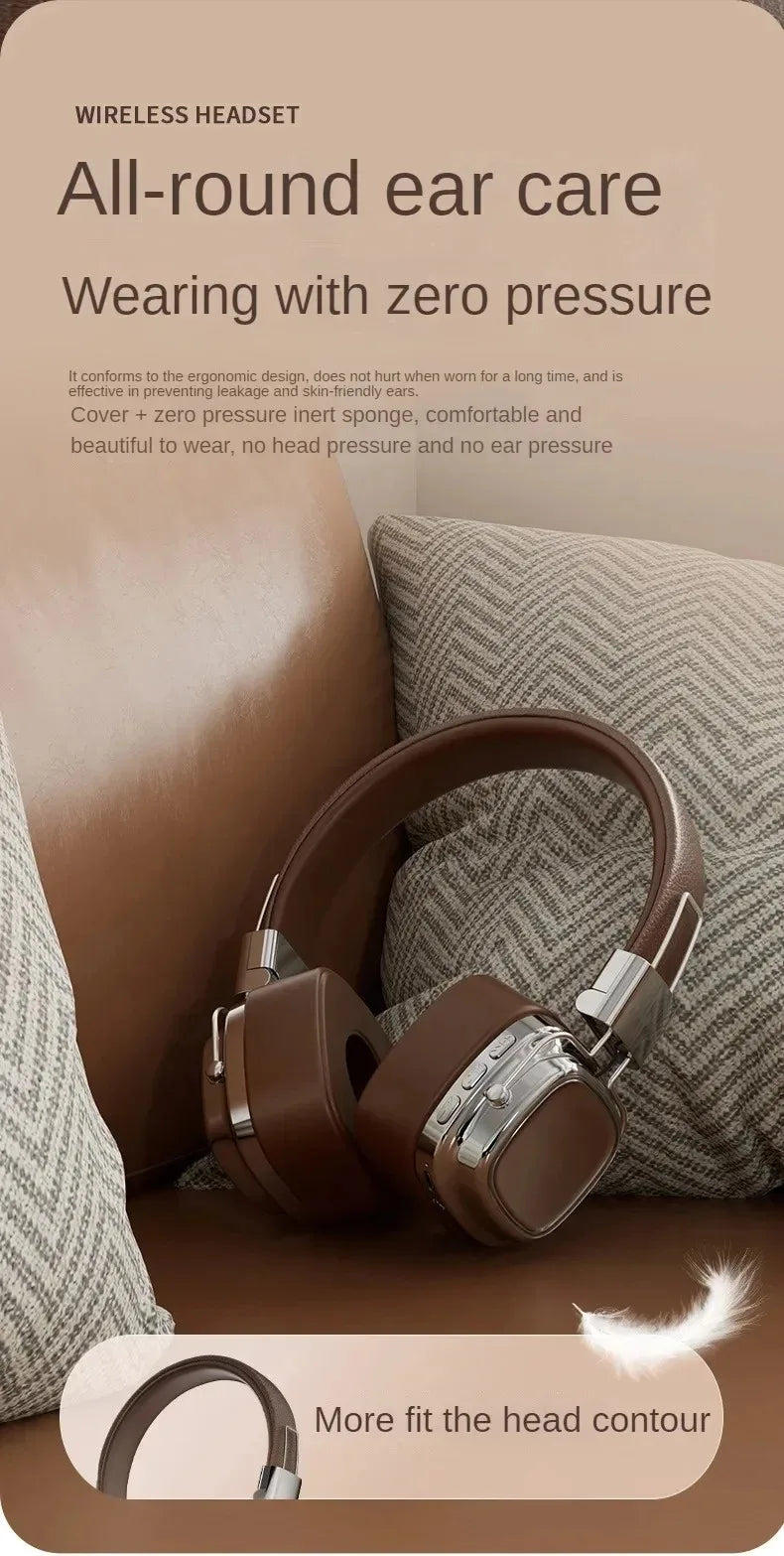 Retro Leather Over-ear Headphones Wireless Bluetooth 5.3 Foldable Noise Cancelling Stereo Music Headset With Cable For Phone PC