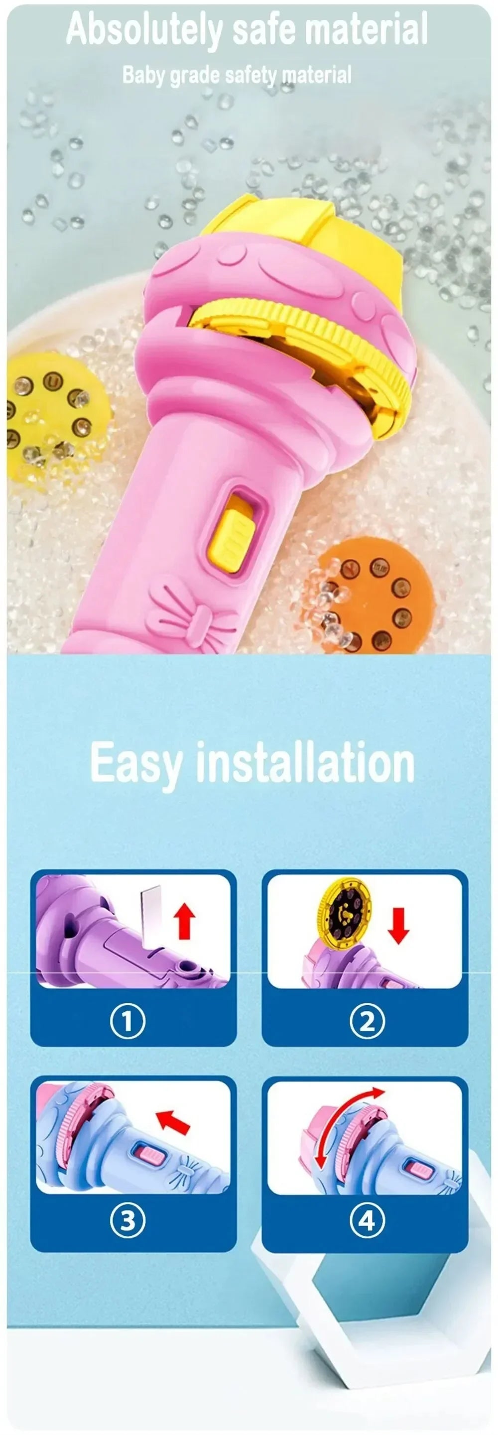 Kids Projector Torch with 10 Slides 80 Patterns Early Learning Toy Night Light Story Machine Gift for Toddler Boys Girls