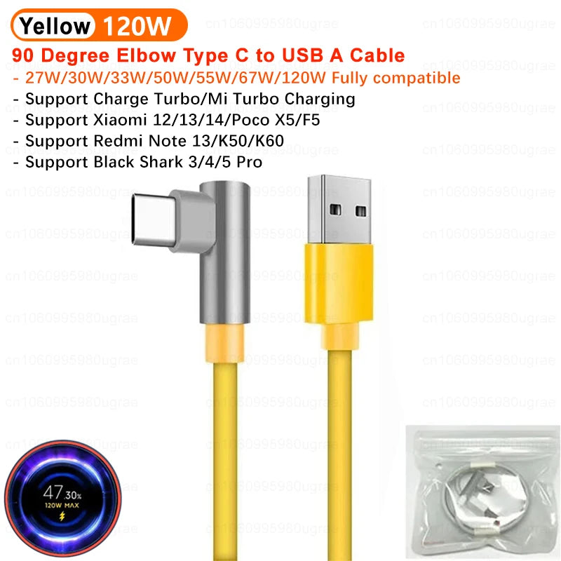 Original 120W For Xiaomi 6A USB Type C Turbo Charge Cable For Mi 14 13 12 Pro Poco F4 GT Redmi Note 13 K60 90 Degree Tipo C Cabo